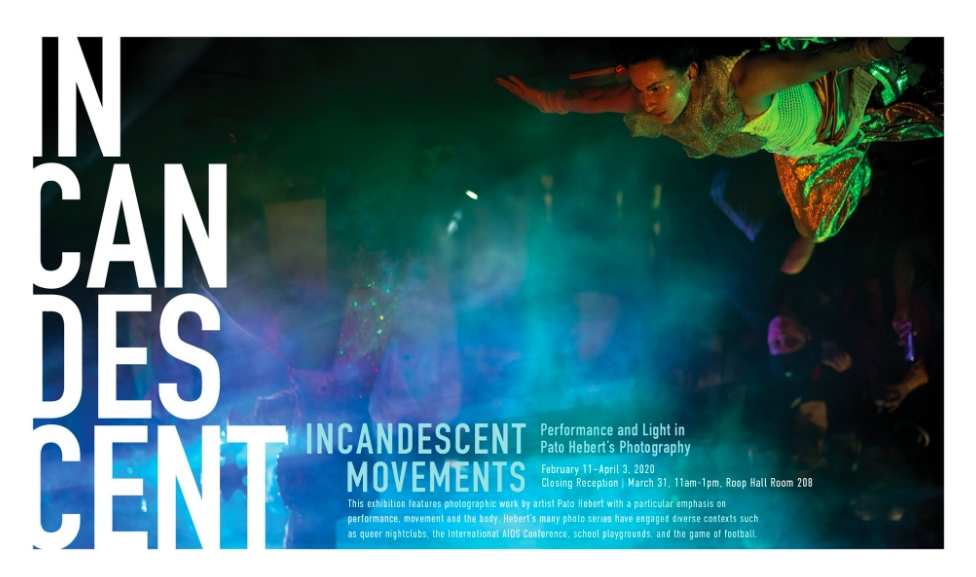 exhibition flyer with incandescent written in white text along the left and dark background with body of illuminated dancer looking like they are flying in the right top corner